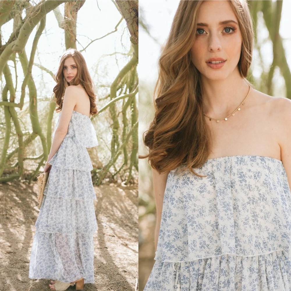 NWT morning lavender Jenn Strapless Tiered Maxi Dress M